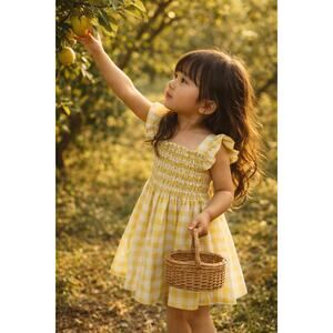 Wandering Golden Orchards Gingham Smocked Flutter Slv Dress 3T
